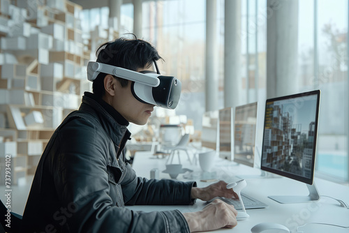 stock photo of a professional using Apple Vision Pro VR glasses for architectural design, innovative atmosphere, modern and sleek workspace