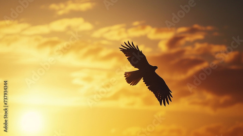 A solitary hawk soaring against a vibrant sunset sky