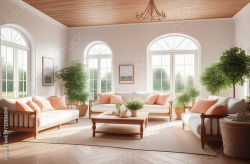 retro styled living room, very airy and spacious, in white and pink/peach shades, big windows, fresh plants
