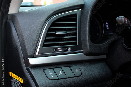 Air ventilation car panel. Car air conditioning. Deflectors for driver and passenger. Air ducts on car panel. 