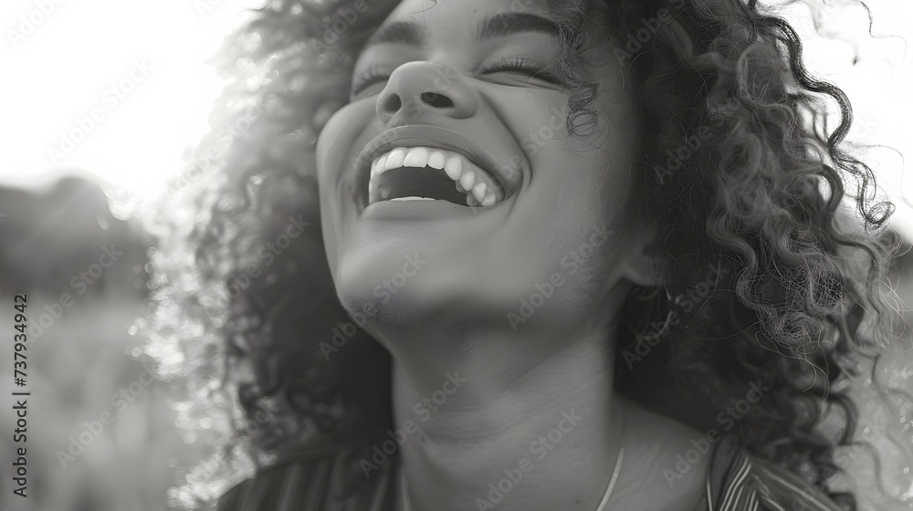 Portrait of a joyful woman with curly hair laughing with her eyes closed
