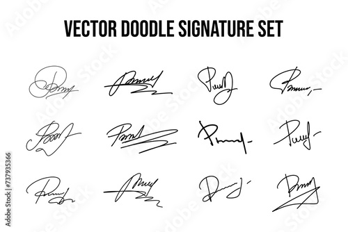 Handwritten fake signature set. Collection of vector fictitious autograph doodles on P letter. Scrawl lettering for business  signing of documents  certificates and contracts.