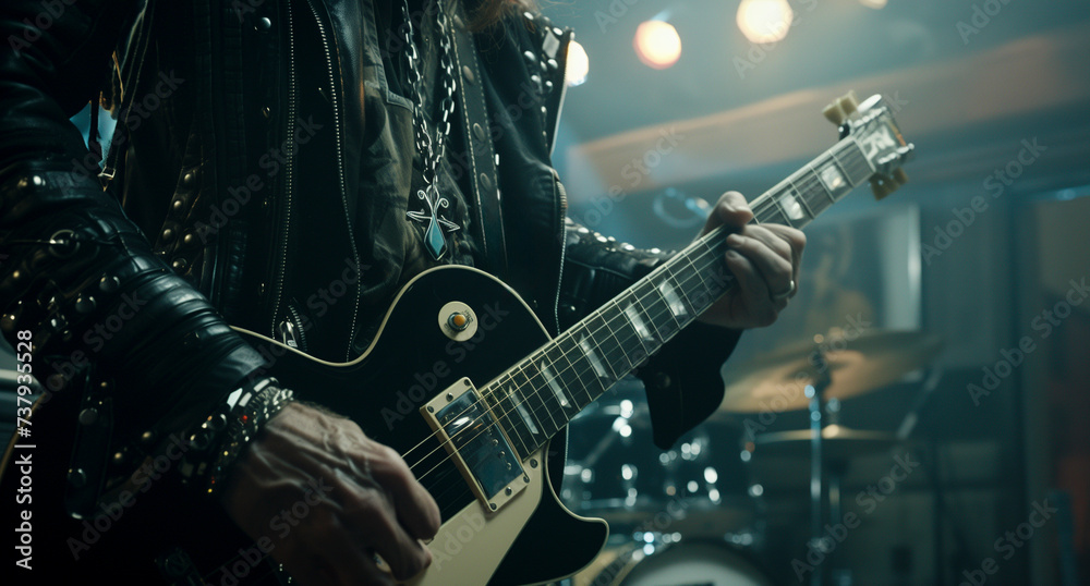 Obraz premium close up of hands of a guitarist playing electric guitar live in a concert - live music show concept