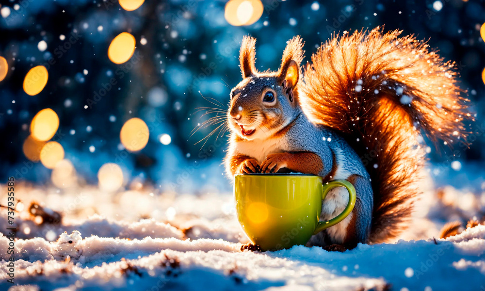 A squirrel in the forest drinks a hot drink. Selective focus.