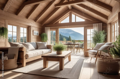 abstract interior of a living room or lounge in a country side wooden cottage  big windows with beautiful view