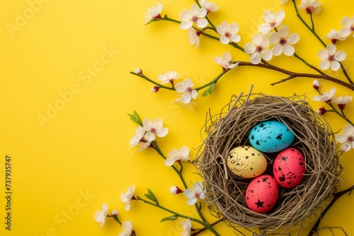 Happy Easter Eggs Basket orange sorbet. Bunny in aegean blue flower Garden. Cute 3d religious message easter rabbit illustration. Easter zany card wallpaper Beautiful bunch