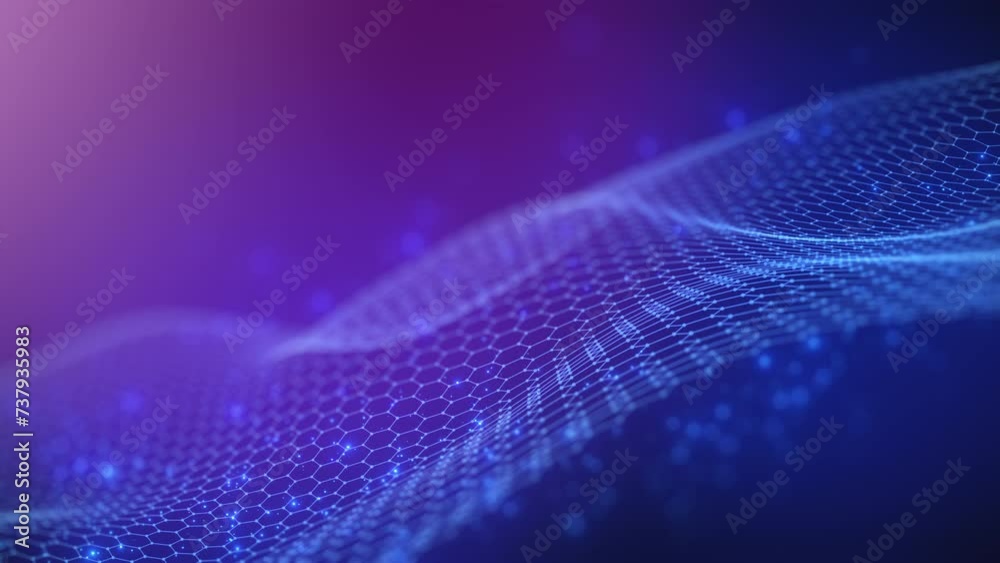 portrays a captivating digital mesh landscape with a vibrant gradient transition from purple to blue, symbolizing advanced connectivity and futuristic digital realms.