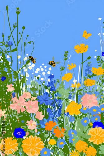 Lush meadows blooming with colorful wildflowers and fluttering butterflies create a joyful and positive setting, perfect for a text background that radiates happiness and vibrancy.
