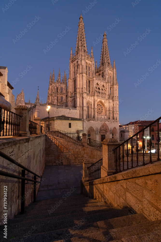 Fototapeta premium Gothic cathedral facade of the city of Burgos at night in a suuny day. Castilla y Leon, Spain.