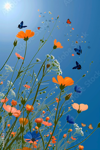 Lush meadows blooming with colorful wildflowers and fluttering butterflies create a joyful and positive setting  perfect for a text background that radiates happiness and vibrancy.
