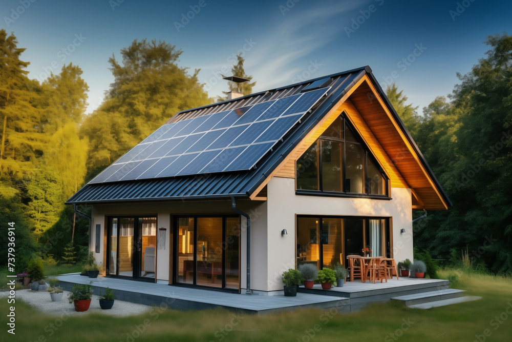 Solar panels, solar energy. Green energy, construction, innovation. House with solar panels