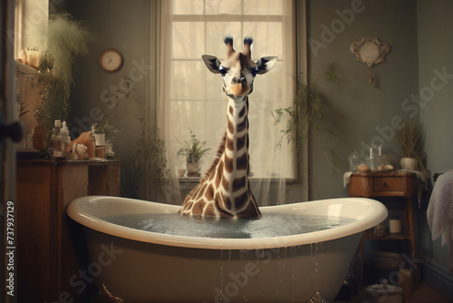 Giraffe taking a bath in a bathtub with a retro style. Generative AI.