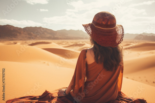 Woman from back on a desert dunes enjoying her vacation at sunset. Travel concept. Generative AI.