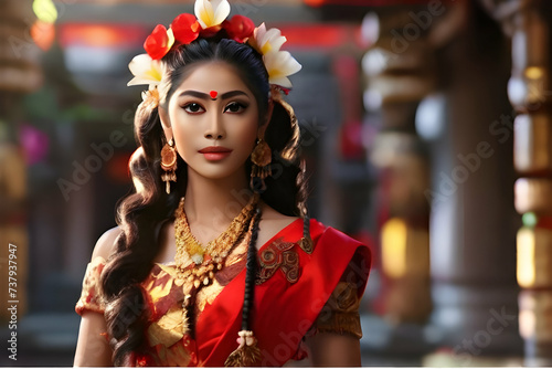 Potrait of Balinese girl performing bali traditional dress combinating red and gold completed photo