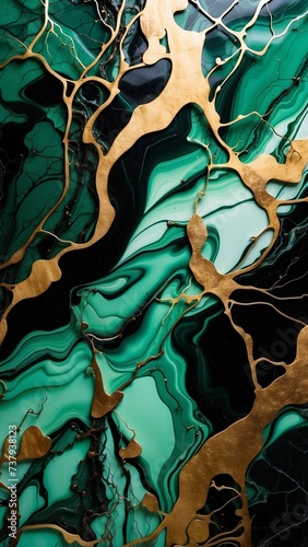 Ai generated illustration of abstract black marble green malachite background with golden veins, fake painted artificial stone texture, marbled surface, digital marbling