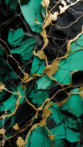 Ai generated illustration of abstract black marble green malachite background with golden veins, fake painted artificial stone texture, marbled surface, digital marbling