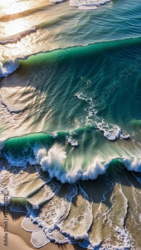 Aerial view waves break on the white sand beach at sunset, and land meets the sea- AI-generated