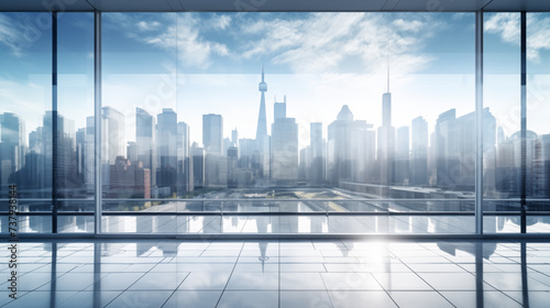 A view of the city from a glass building in the day time, light shines through the whole cityscape photo