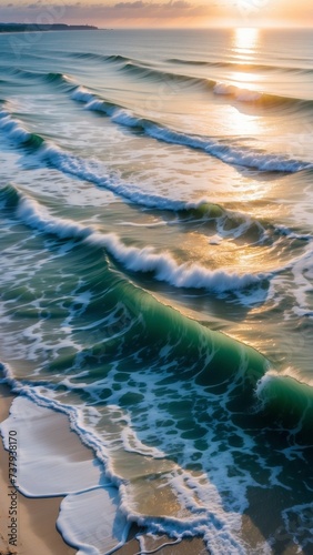 Aerial view waves break on the white sand beach at sunset, and land meets the sea- AI-generated