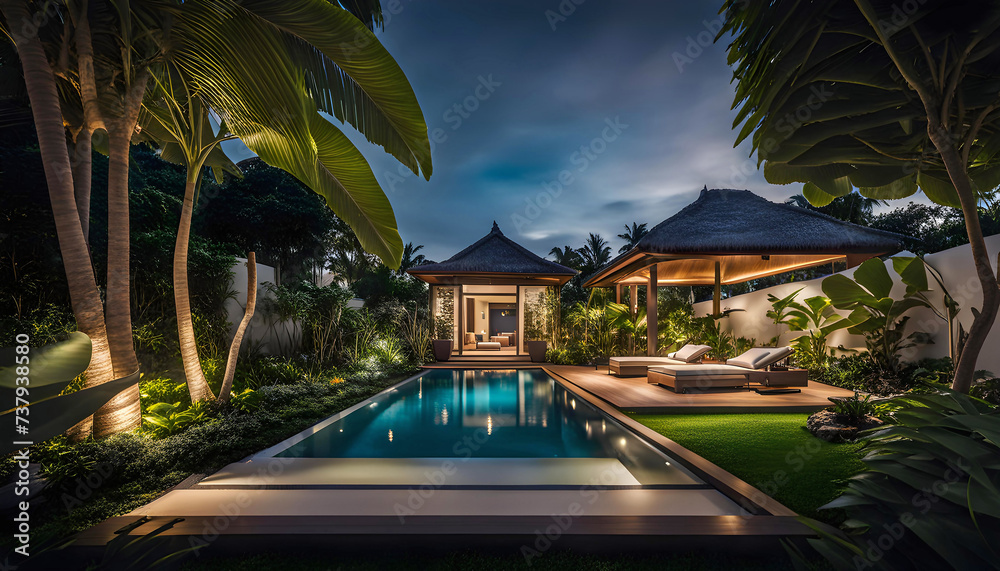 Outdoor patio and small pool in a modern residential building in the evening with lighting and ocean view, hyper-realistic concept of sustainable lifestyle, ecology and ocean recreation,