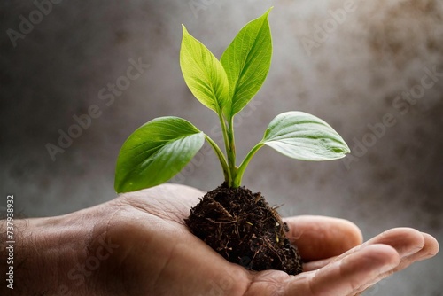 Close up of a handpalm with leaves growing from it photo