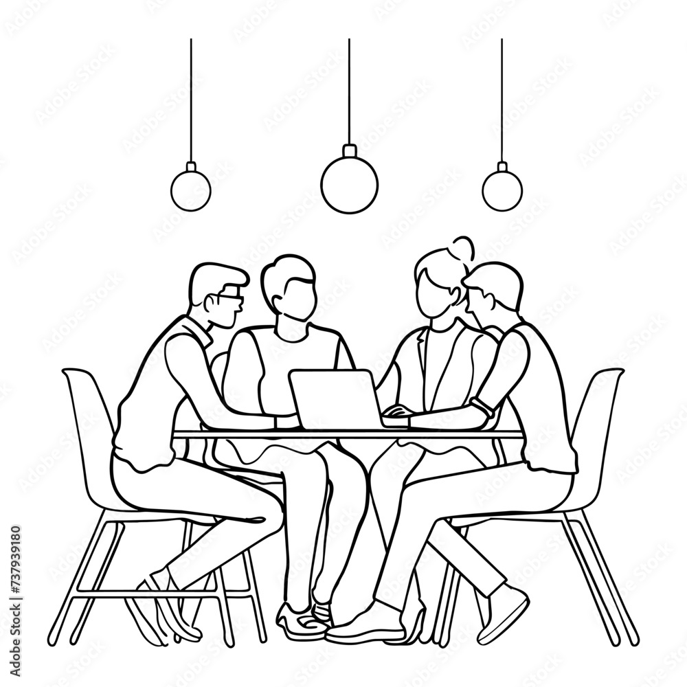 Business meeting of group office people, work on laptop, line drawing. Teamwork, learning or business talking, partnership in work. Simple minimalism outline style. Vector