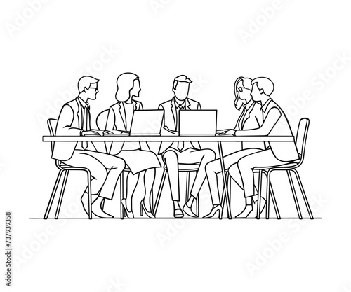 Business meeting of group office people, work on laptop, line drawing. Teamwork, learning or business talking, partnership in work. Simple minimalism outline style. Vector