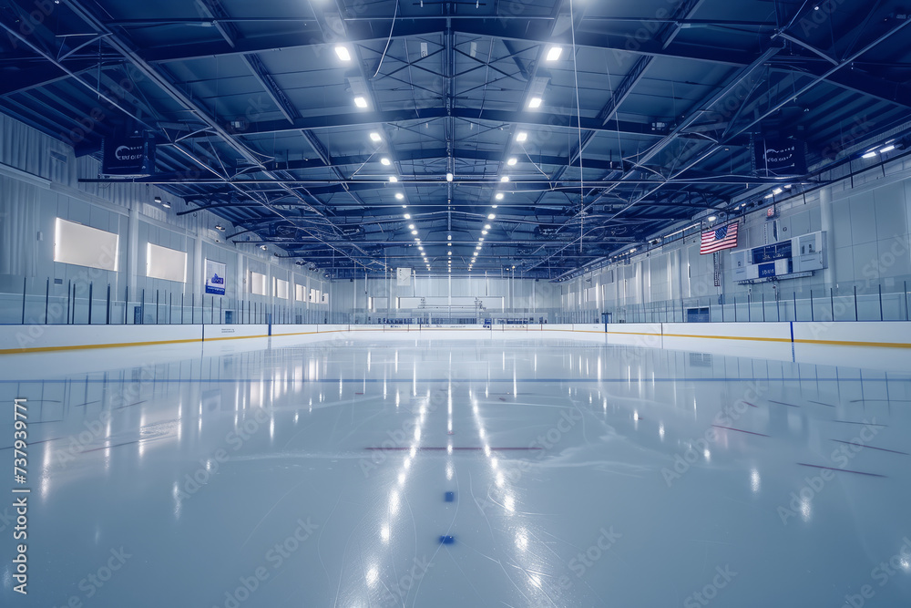 Low angle shot of an empty ice rink in ice hockey stadium. Clean, freshly poured ice, stands for spectators, two rows of flood lights illuminating the stadium.