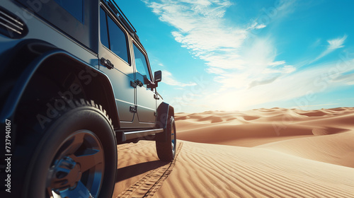 Car in desert. Safari in desert. 