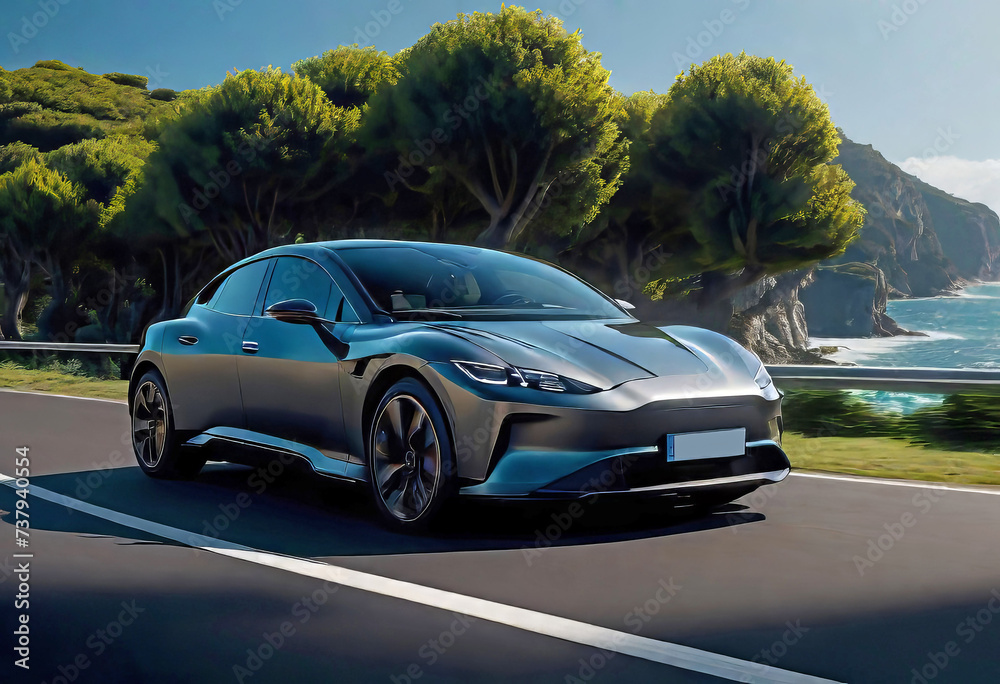 Modern business electric car driving along the seashore at high speed, The car rushes through a beautiful landscape on a bright day, modern automotive technology,