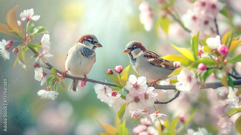 Fototapeta premium Sparrow birds nestled among blossoming flowers on a tree branch in a lush spring garden