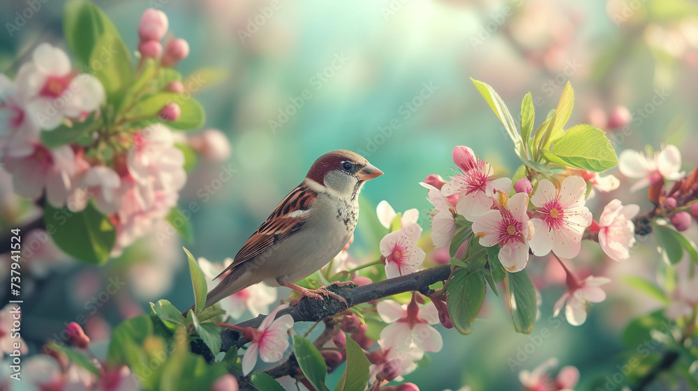 Sparrow birds nestled among blossoming flowers on a tree branch in a lush spring garden Sparrow birds nestled among blossoming flowers on a tree branch in a lush spring garden