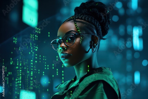 black diverse female data scientist looking on screen with visualization of information. Blue green neon fluorescent display. It technology and AI concept.