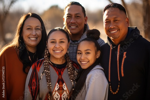 indigenous people day. Choctaw Nation family portrait, smiling on sunny day on native land. photo