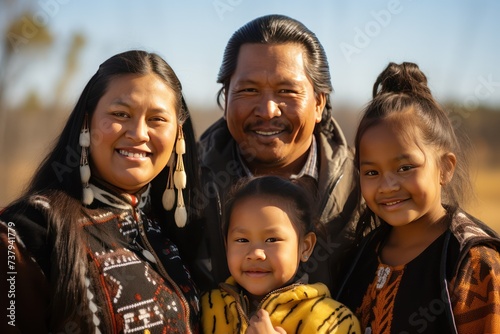 indigenous people day. Choctaw Nation family portrait, smiling on sunny day on native land. photo