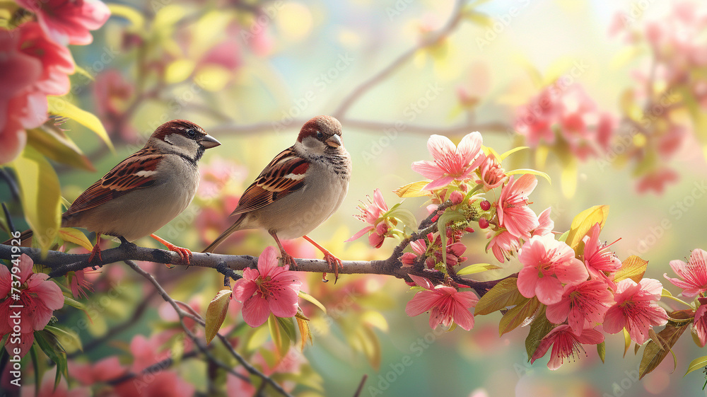 Sparrow birds perched delicately on a tree branch