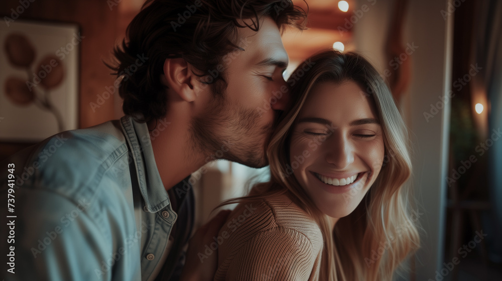 Young handsome father kissing his wife in house with romantic dim light scene . Young handsome father kissing his wife in house with romantic dim light scene .