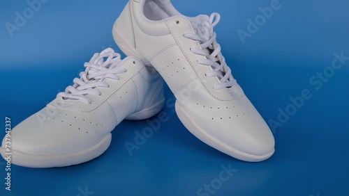 pair of white sneakers on a blue background