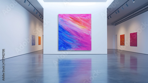 Abstract modern vibrant painting on canvas set against a clean wall. Minimalist art gallery