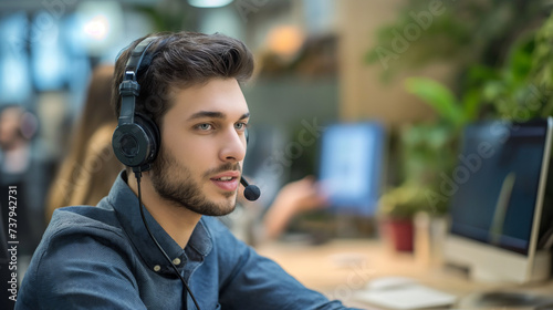 Professional call center male agent with headset in a modern office environment. Customer support and communication