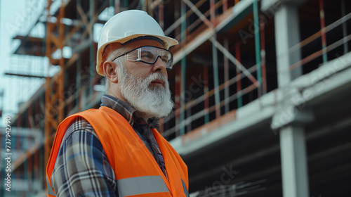 Contractor in a hard hat and safety vest, overseeing a project, symbolizing leadership and responsibility in the field of construction