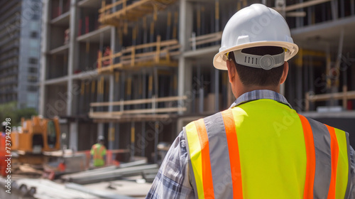 Contractor in a hard hat and safety vest, overseeing a project, symbolizing leadership and responsibility in the field of construction