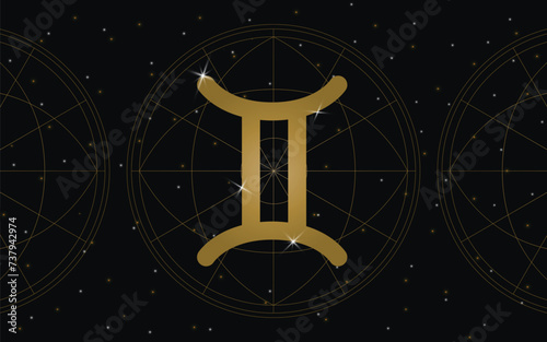 Gemini Horoscope Symbol, Astrology Icon, Gemini is the third astrological sign in the zodiac. Under the tropical zodiac. with stars and galaxy background