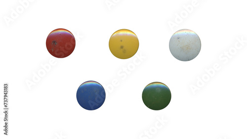 a set of colorful aged circles, rusty stationery tacks in png format, front view, isolated metal push rounded pins on transparent background