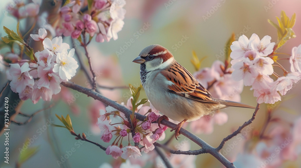 Sparrow birds resting peacefully on a tree branch with delicate flowers in full bloom Sparrow birds resting peacefully on a tree branch with delicate flowers in full bloom