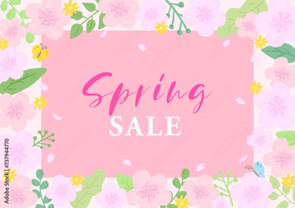 Sakura and butterfly background frame inspired by spring, stylish hand-drawn illustration / 春をイメージしたさくらとちょうちょの背景フレーム、おしゃれな手描きイラスト