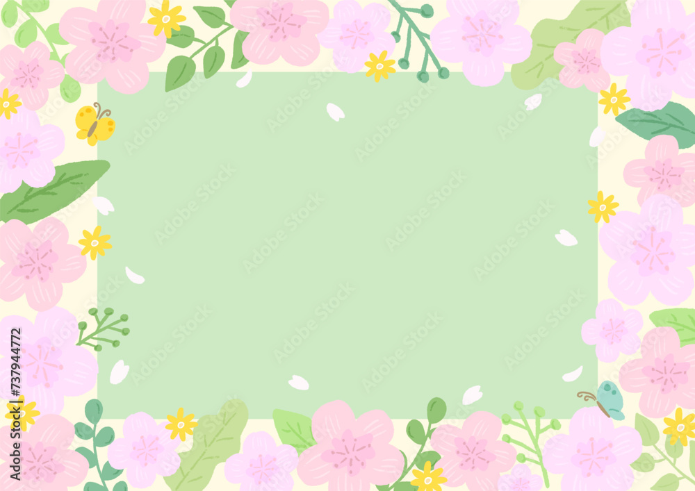 Sakura and butterfly background frame inspired by spring, stylish hand-drawn illustration / 春をイメージしたさくらとちょうちょの背景フレーム、おしゃれな手描きイラスト
