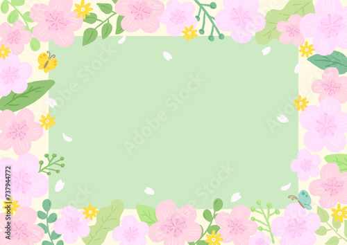 Sakura and butterfly background frame inspired by spring, stylish hand-drawn illustration / 春をイメージしたさくらとちょうちょの背景フレーム、おしゃれな手描きイラスト