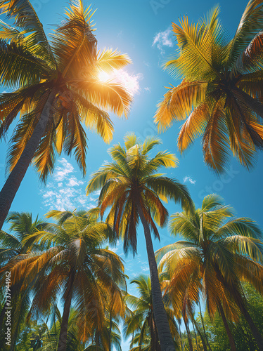 Palm trees against blue sky  Palm trees at tropical coast  vintage toned and stylized  coconut tree summer tree  retro.Ai 