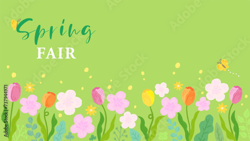 Sakura and tulip background banner inspired by spring, stylish hand-drawn illustration / 春をイメージしたさくらとチューリップの背景バナー、おしゃれな手描きイラスト